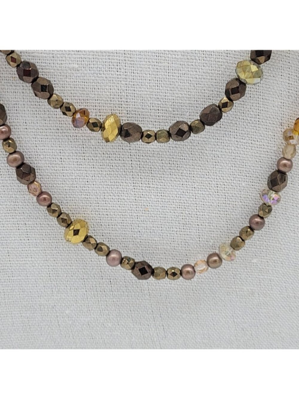 Infinity Beaded Strand Necklace Shades Of Brown & Gold Chinese Crystal Czech 43" - Picture 2 of 7